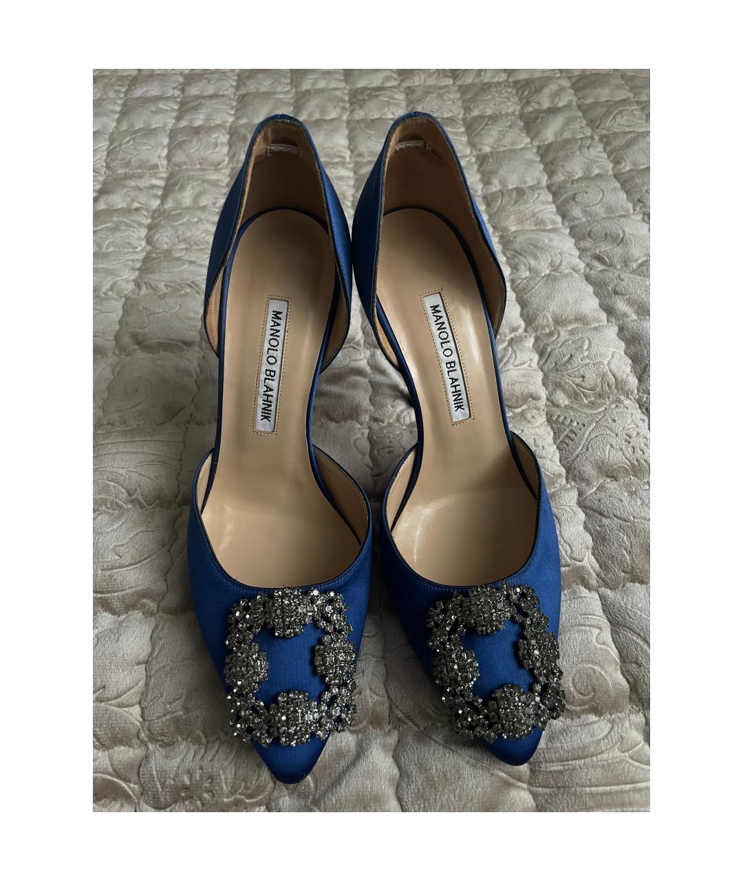 MANOLO BLAHNIK Синие текстильные лодочки на низком каблуке, фото 2