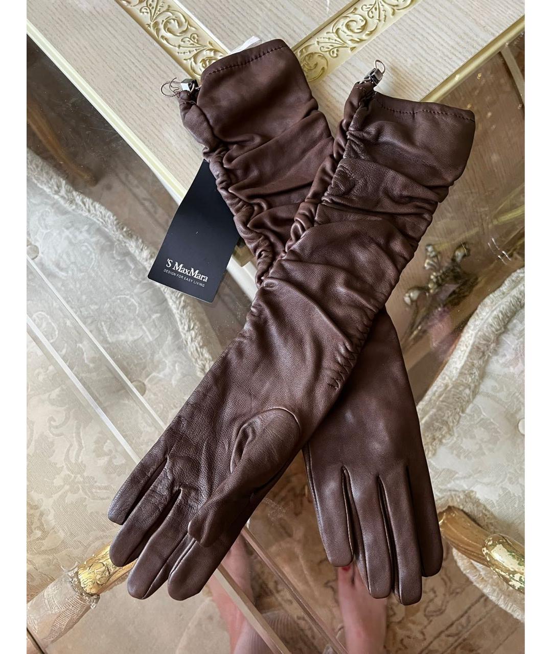 MAX MARA Коричневые кожаные перчатки, фото 2