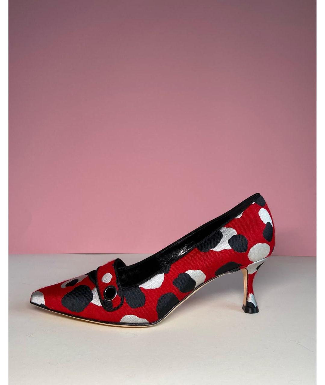 MANOLO BLAHNIK Красные текстильные лодочки на низком каблуке, фото 6
