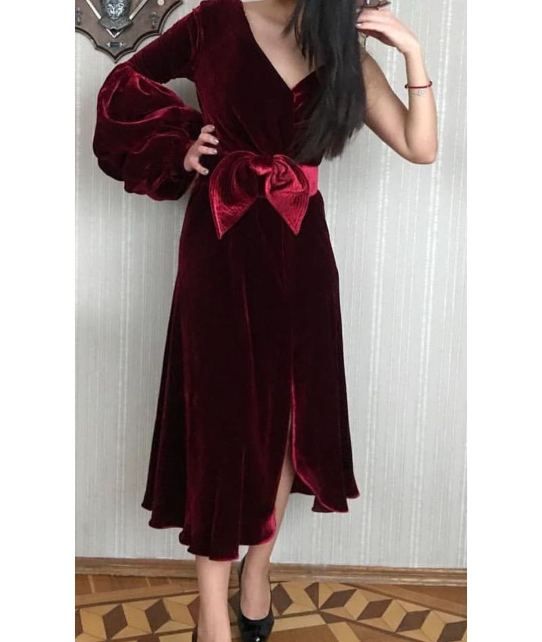 JOHANNA ORTIZ Бордовое бархатное вечернее платье, фото 3
