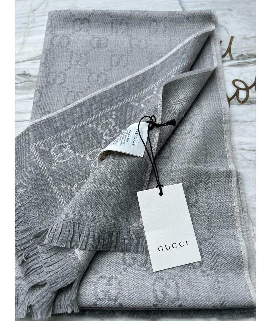GUCCI Серый шерстяной шарф, фото 3