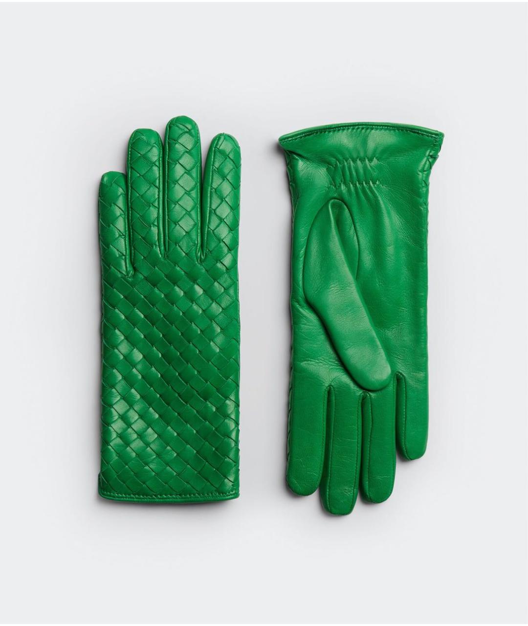 BOTTEGA VENETA Зеленые кожаные перчатки, фото 4