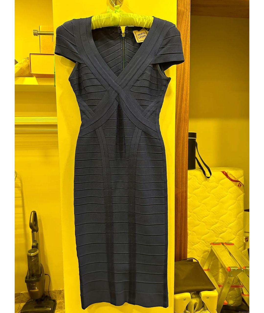 HERVE LEGER Темно-синее хлопко-эластановое повседневное платье, фото 3