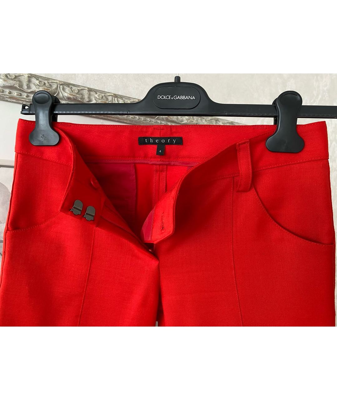 THEORY Красные шерстяные брюки узкие, фото 4
