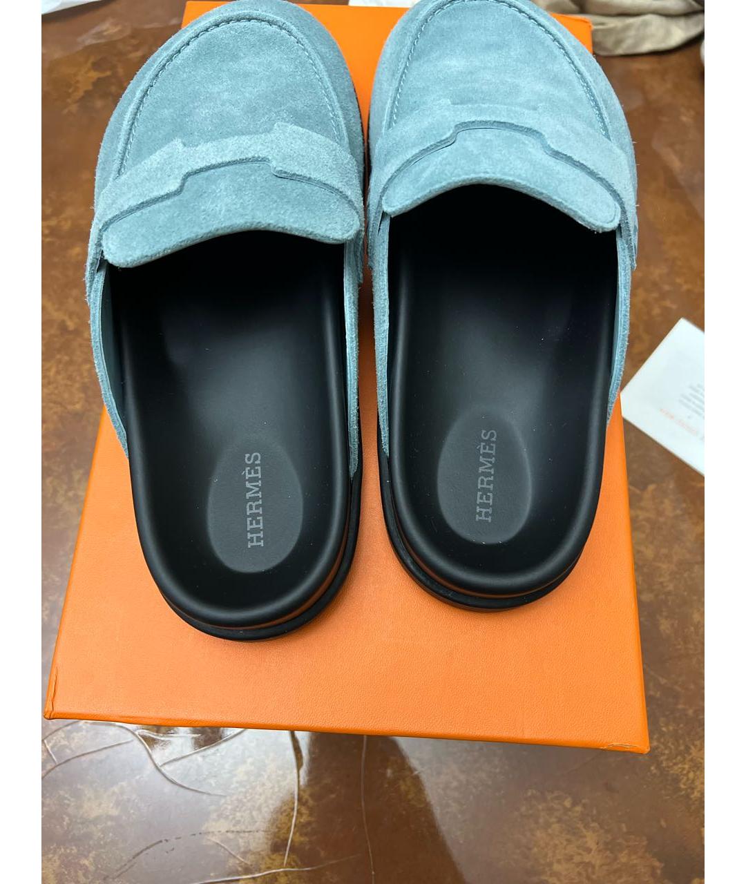 HERMES Голубые замшевые сабо, фото 4