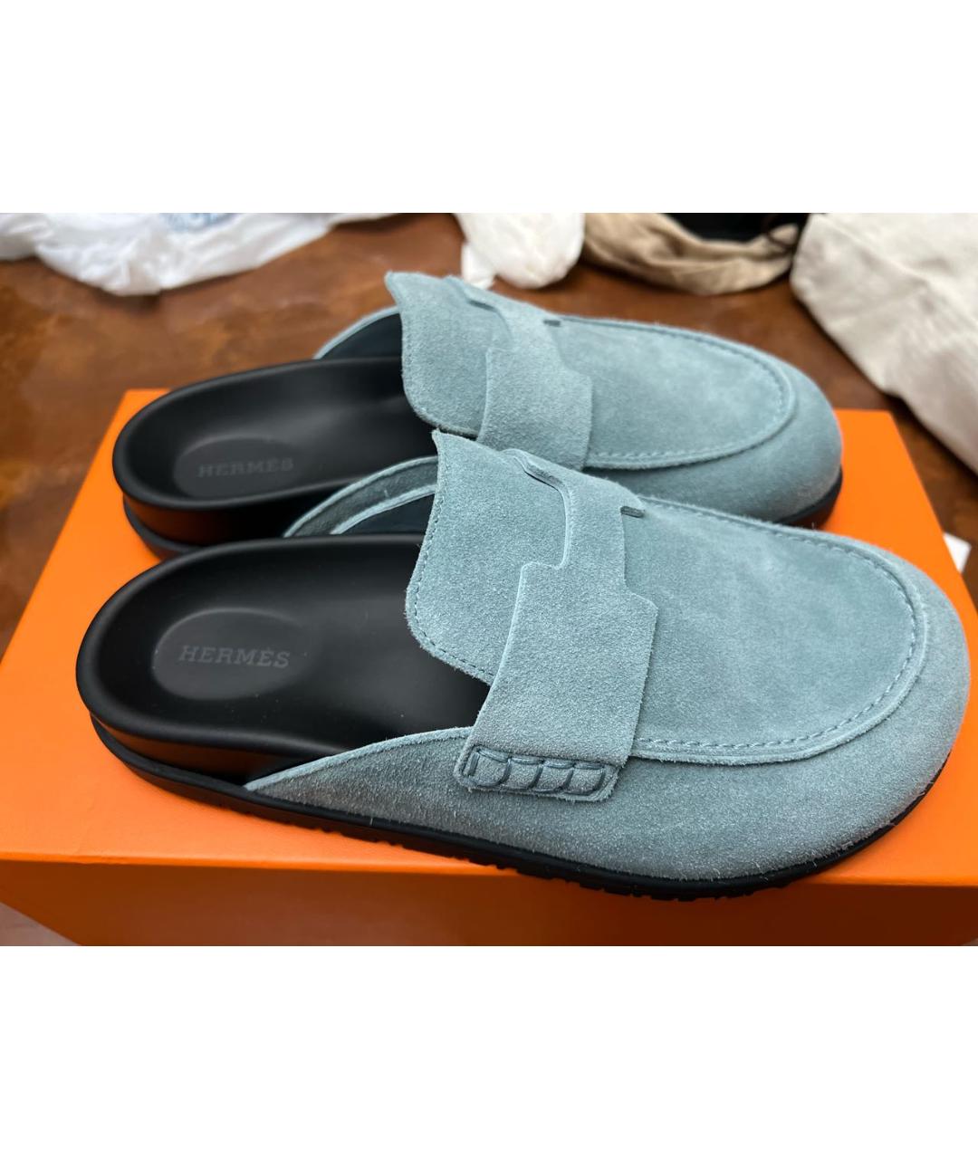 HERMES Голубые замшевые сабо, фото 5