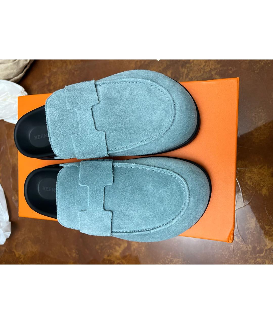 HERMES Голубые замшевые сабо, фото 2