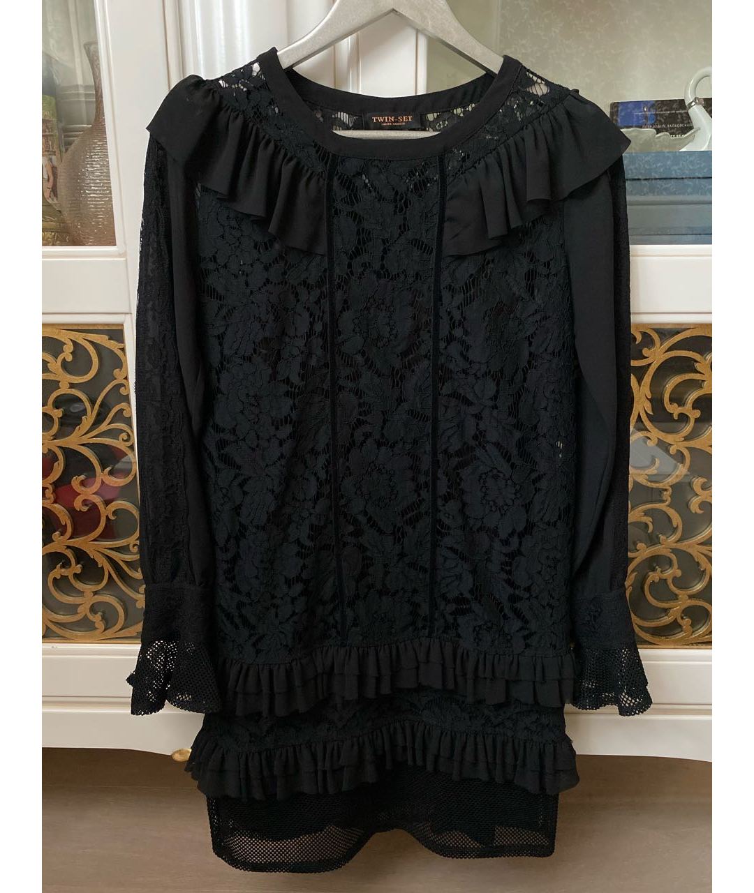 TWIN-SET Черное кружевное коктейльное платье, фото 4