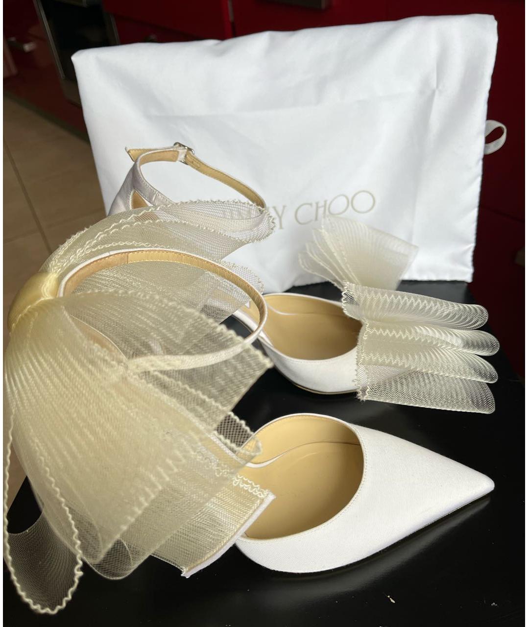 JIMMY CHOO Белые текстильные свадебные туфли на высоком каблуке, фото 6
