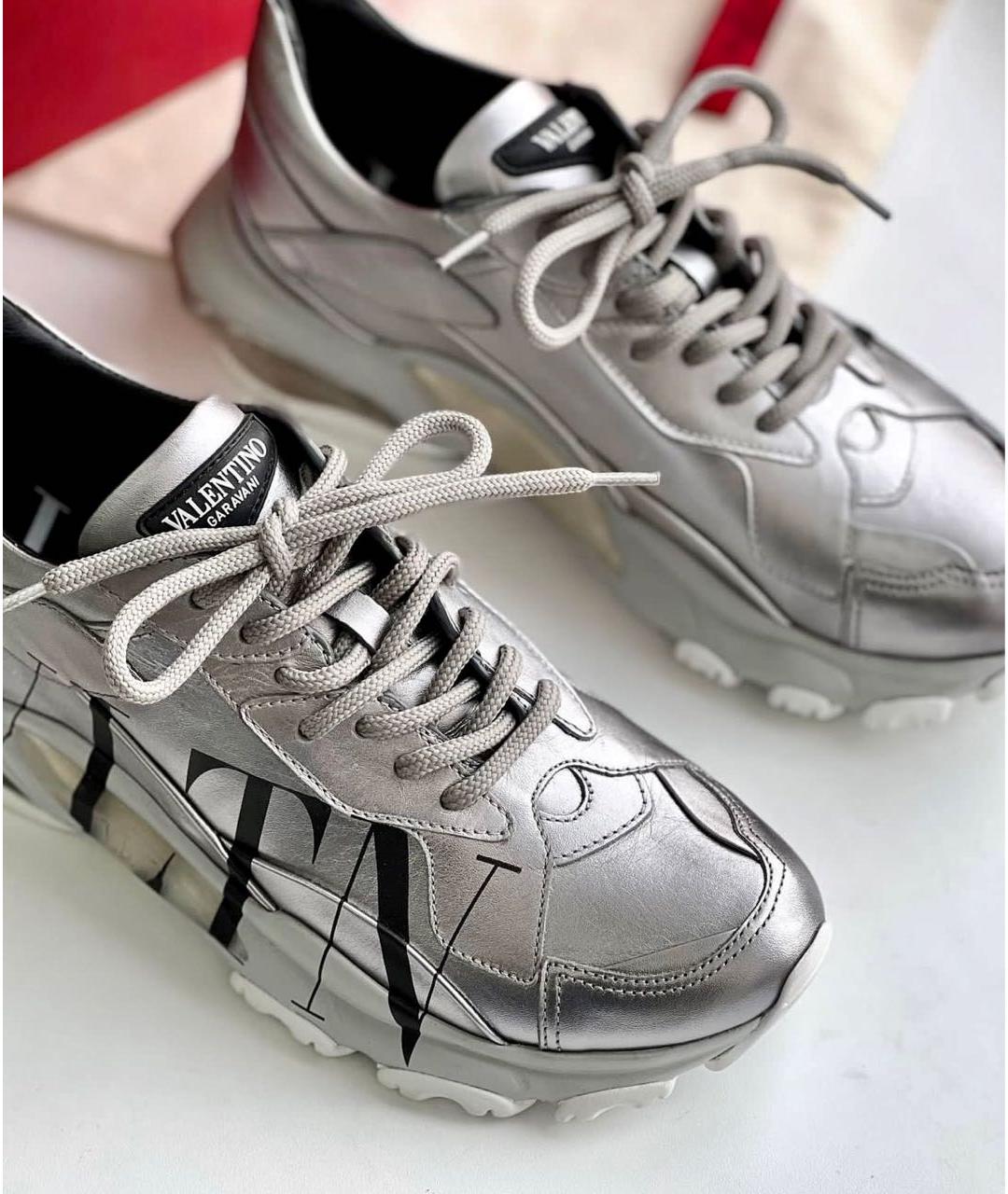 VALENTINO Серебряные кожаные кроссовки, фото 5