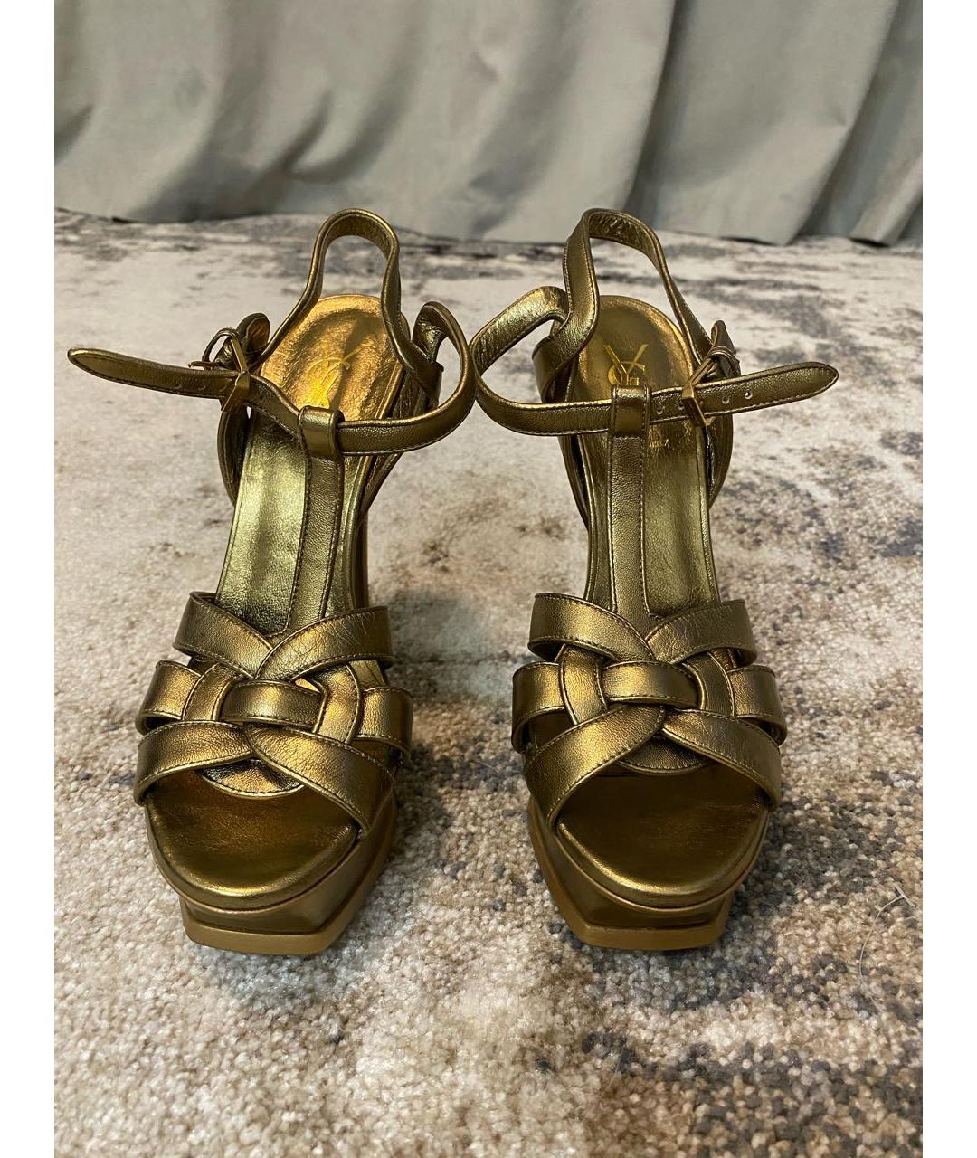 SAINT LAURENT Золотые кожаные босоножки, фото 3
