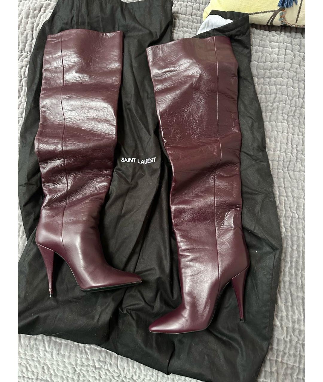 SAINT LAURENT Бордовые кожаные ботфорты, фото 3