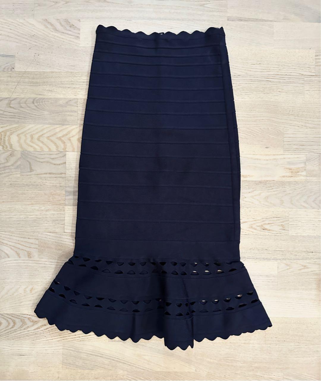 HERVE LEGER Темно-синяя вискозная юбка миди, фото 2