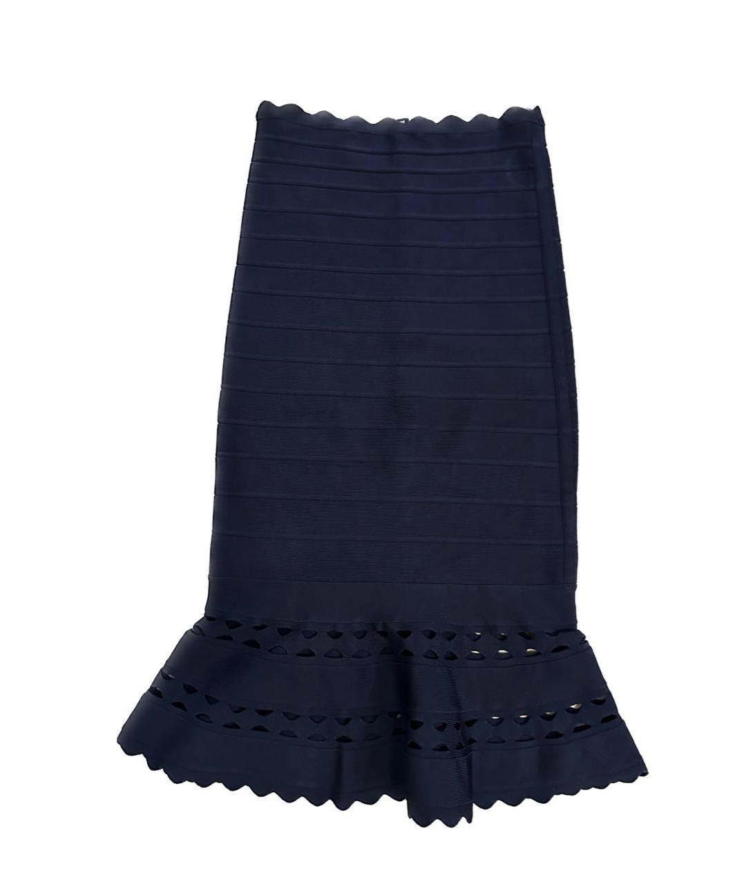 HERVE LEGER Темно-синяя вискозная юбка миди, фото 6