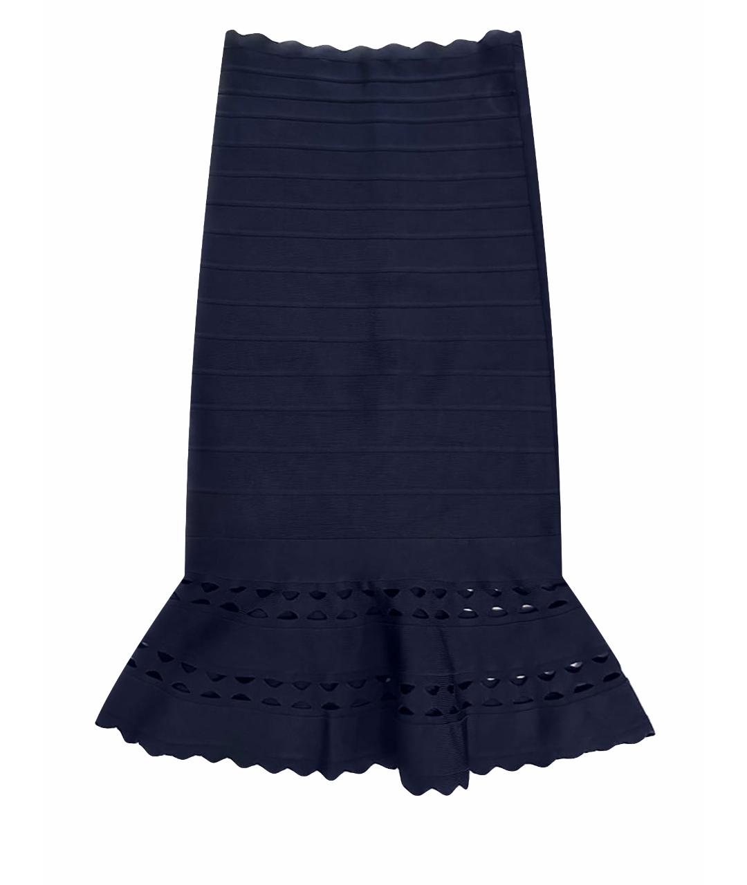 HERVE LEGER Темно-синяя вискозная юбка миди, фото 1